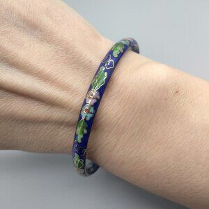 Cloisonné Enamel Hand Painted Floral Flower Blue Bangle Bracelet Vintage 1970's